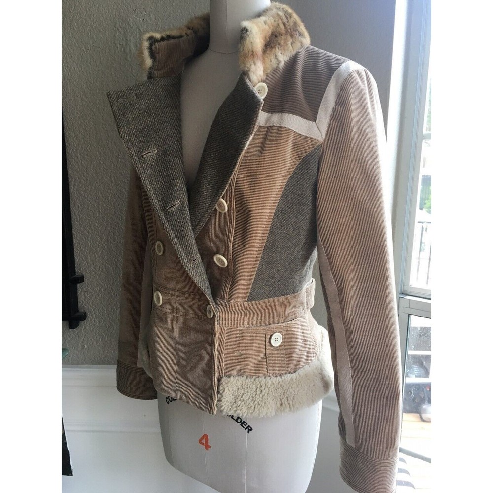 EUC LOUIS VUITTON Light Brown Corduroy Fur Trim Peacoat Jacket  38 / 6 - Picture 4 of 8